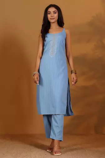 Striped Gotta Patti Shoulder Straps Straight Kurta With Trousers & Dupatta