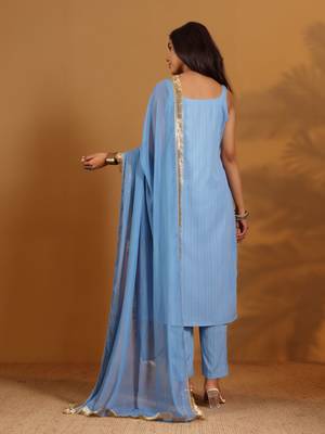 Striped Gotta Patti Shoulder Straps Straight Kurta With Trousers & Dupatta 5