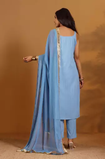 Striped Gotta Patti Shoulder Straps Straight Kurta With Trousers & Dupatta