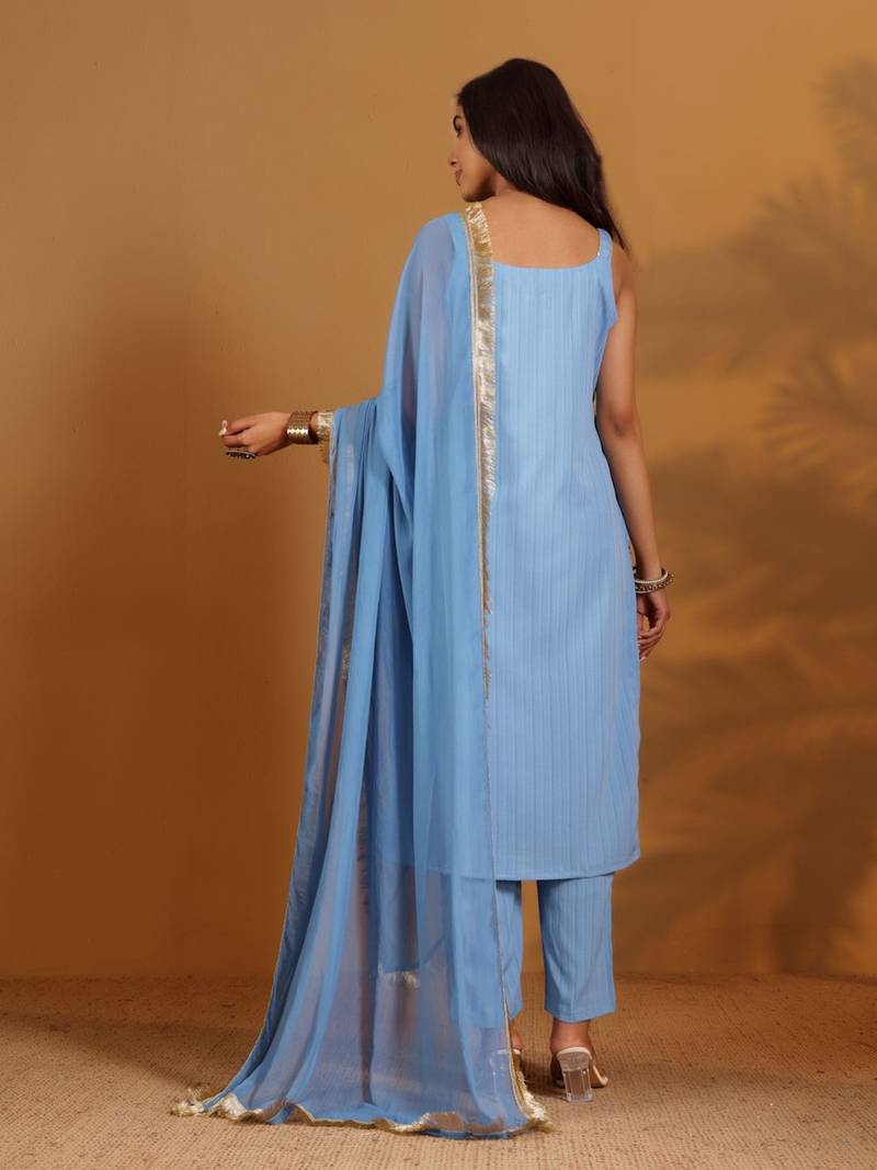 Striped Gotta Patti Shoulder Straps Straight Kurta With Trousers & Dupatta