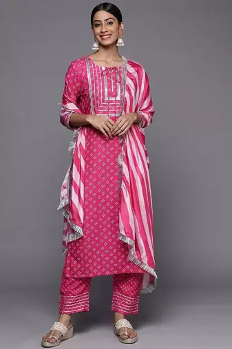 Women Bandhani Printed Regular Thread Work Kurta with Trousers & With Dupatta