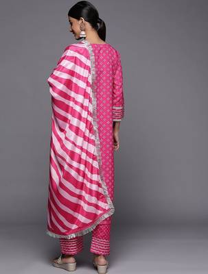 Women Bandhani Printed Regular Thread Work Kurta with Trousers & With Dupatta 5