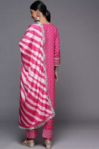 Women Bandhani Printed Regular Thread Work Kurta with Trousers & With Dupatta