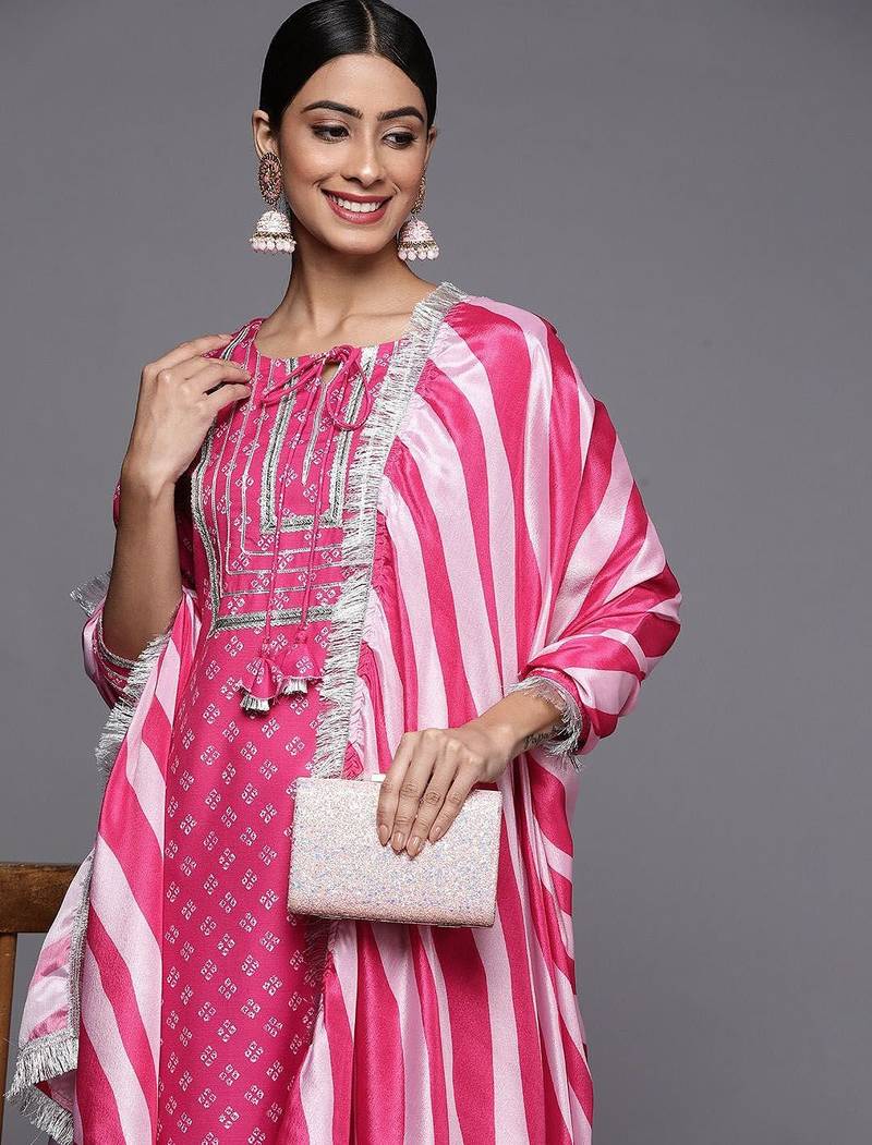 Women Bandhani Printed Regular Thread Work Kurta with Trousers & With Dupatta