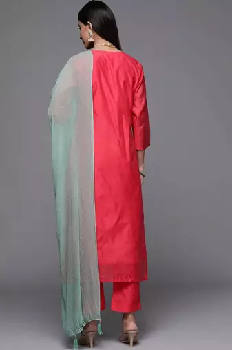 Floral Yoke Design Sequinned Kurta With Trousers & Dupatta