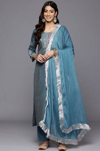 Floral Yoke Design Sequinned Kurta with Trousers & Dupatta