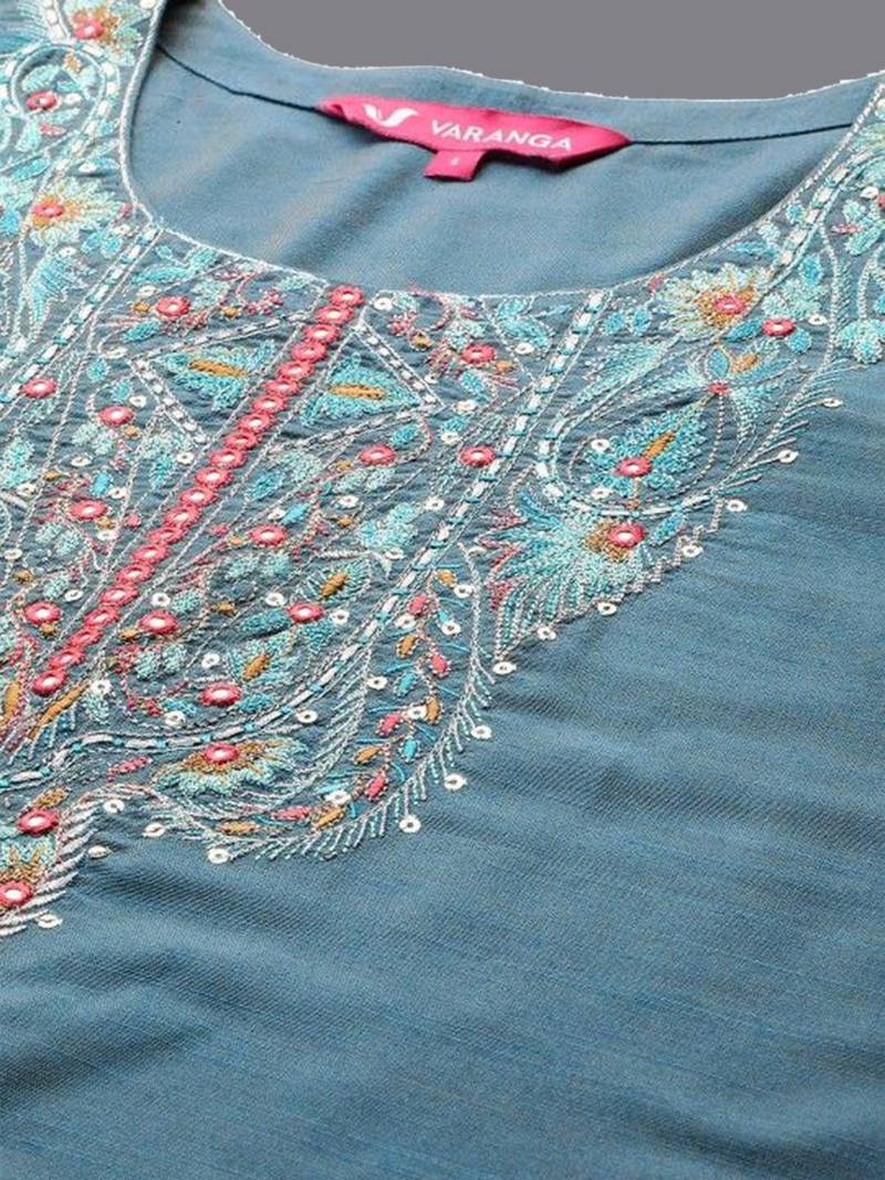 Floral Yoke Design Sequinned Kurta with Trousers & Dupatta