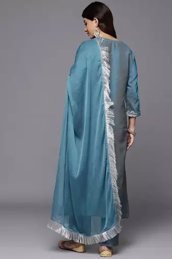 Floral Yoke Design Sequinned Kurta with Trousers & Dupatta