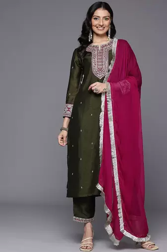 Ethnic Motifs Embroidered Kurta With Trousers & Dupatta