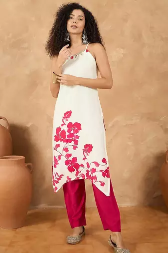 Women Spaghetti strap floral kurta with trousers