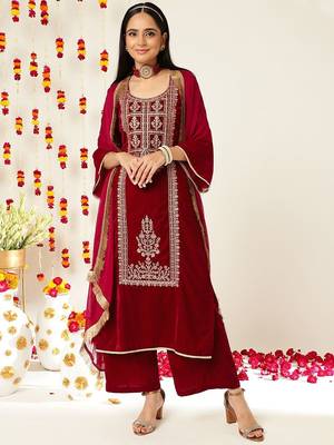 Burgundy Ethnic Motifs Embroidered Velvet Kurta With Palazzos & Dupatta 1