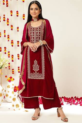 Burgundy Ethnic Motifs Embroidered Velvet Kurta With Palazzos & Dupatta
