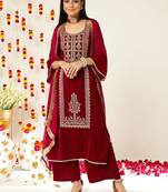 Burgundy Ethnic Motifs Embroidered Velvet Kurta With Palazzos & Dupatta