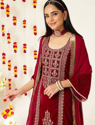 Burgundy Ethnic Motifs Embroidered Velvet Kurta With Palazzos & Dupatta 2