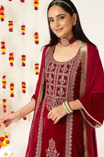Burgundy Ethnic Motifs Embroidered Velvet Kurta With Palazzos & Dupatta