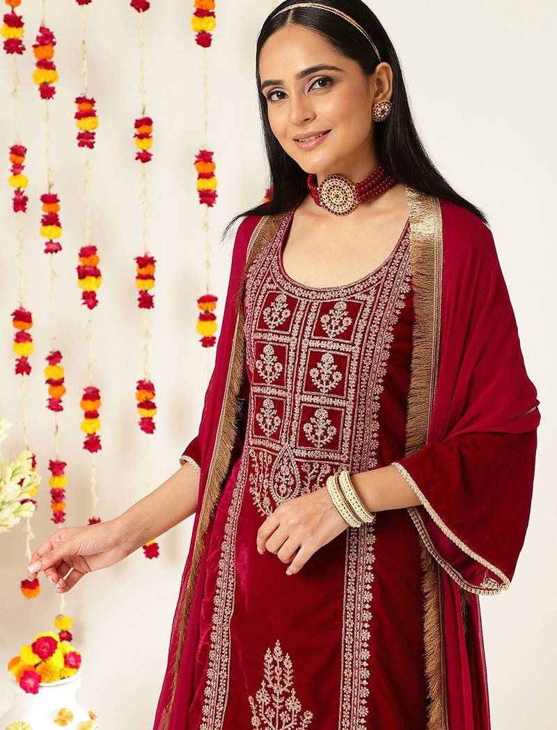 Burgundy Ethnic Motifs Embroidered Velvet Kurta With Palazzos & Dupatta