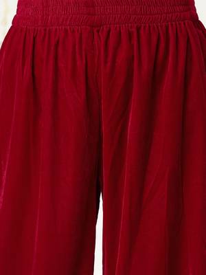 Burgundy Ethnic Motifs Embroidered Velvet Kurta With Palazzos & Dupatta 3