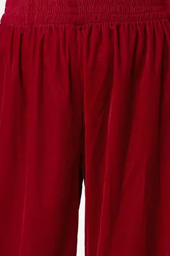 Burgundy Ethnic Motifs Embroidered Velvet Kurta With Palazzos & Dupatta