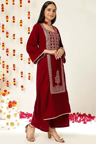 Burgundy Ethnic Motifs Embroidered Velvet Kurta With Palazzos & Dupatta