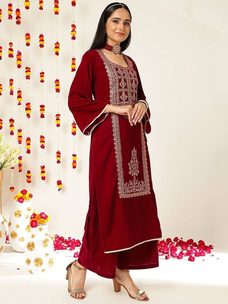 Burgundy Ethnic Motifs Embroidered Velvet Kurta With Palazzos & Dupatta