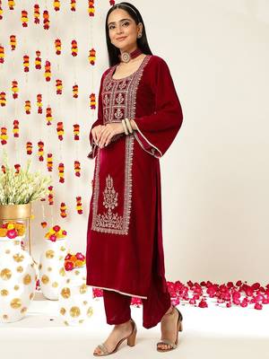 Burgundy Ethnic Motifs Embroidered Velvet Kurta With Palazzos & Dupatta 5
