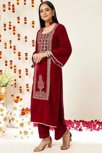 Burgundy Ethnic Motifs Embroidered Velvet Kurta With Palazzos & Dupatta