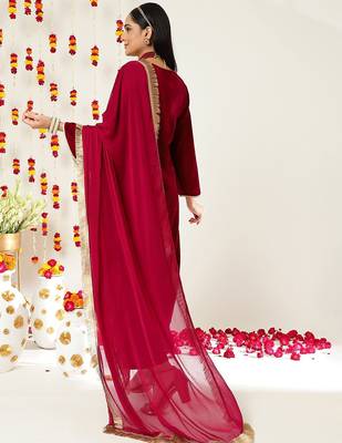 Burgundy Ethnic Motifs Embroidered Velvet Kurta With Palazzos & Dupatta 6