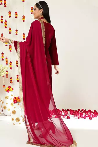 Burgundy Ethnic Motifs Embroidered Velvet Kurta With Palazzos & Dupatta