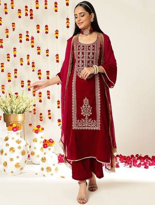 Burgundy Ethnic Motifs Embroidered Velvet Kurta With Palazzos & Dupatta 7