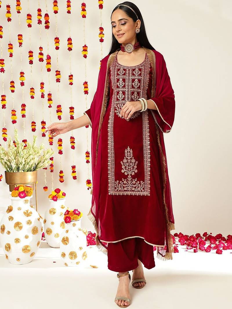 Burgundy Ethnic Motifs Embroidered Velvet Kurta With Palazzos & Dupatta