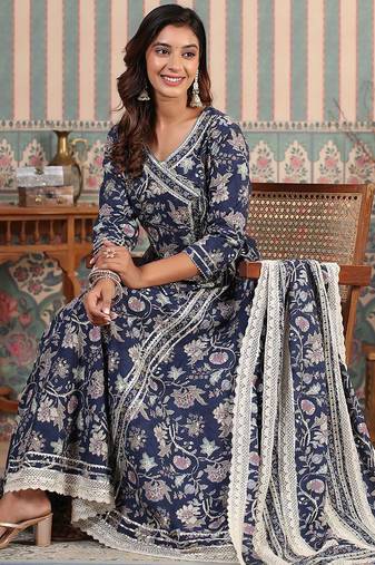 Women Floral Printed Angrakha Thread Work Pure Cotton Kurta with Trousers & With Dupatta