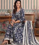 Women Floral Printed Angrakha Thread Work Pure Cotton Kurta with Trousers & With Dupatta