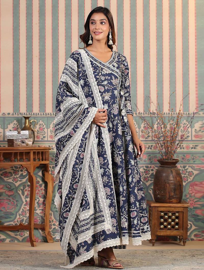 Women Floral Printed Angrakha Thread Work Pure Cotton Kurta with Trousers & With Dupatta