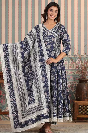 Women Floral Printed Angrakha Thread Work Pure Cotton Kurta with Trousers & With Dupatta