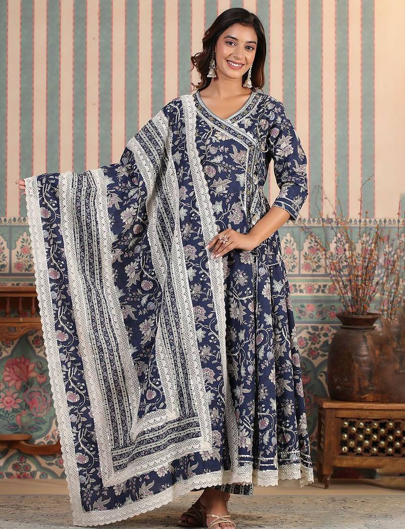 Women Floral Printed Angrakha Thread Work Pure Cotton Kurta with Trousers & With Dupatta