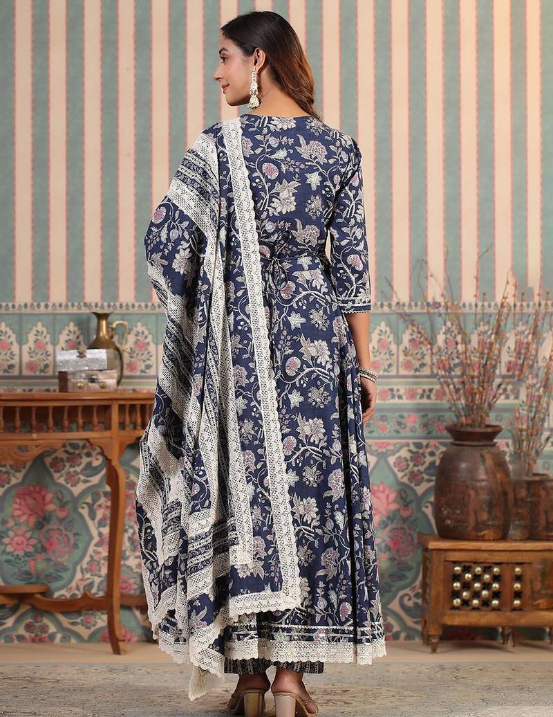 Women Floral Printed Angrakha Thread Work Pure Cotton Kurta with Trousers & With Dupatta