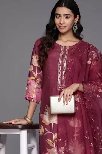 Floral Printed Regular Pure Silk Kurta with Trousers & Dupatta