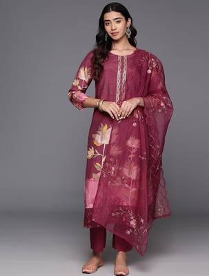 Floral Printed Regular Pure Silk Kurta with Trousers & Dupatta 1