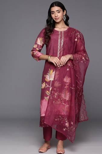 Floral Printed Regular Pure Silk Kurta with Trousers & Dupatta