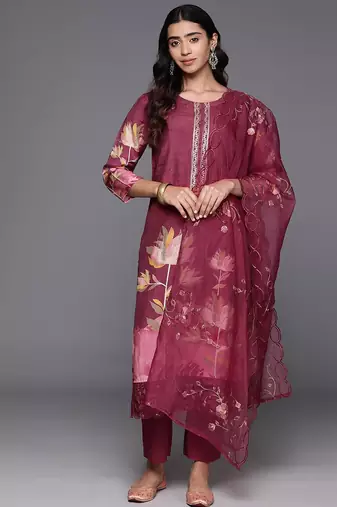 Floral Printed Regular Pure Silk Kurta with Trousers & Dupatta
