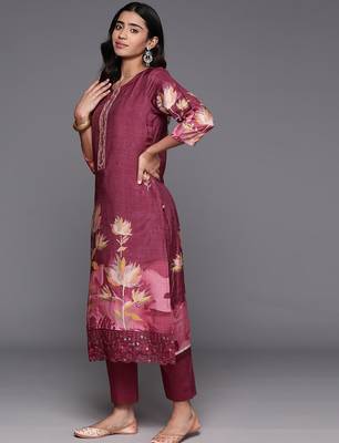 Floral Printed Regular Pure Silk Kurta with Trousers & Dupatta 6