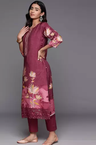 Floral Printed Regular Pure Silk Kurta with Trousers & Dupatta