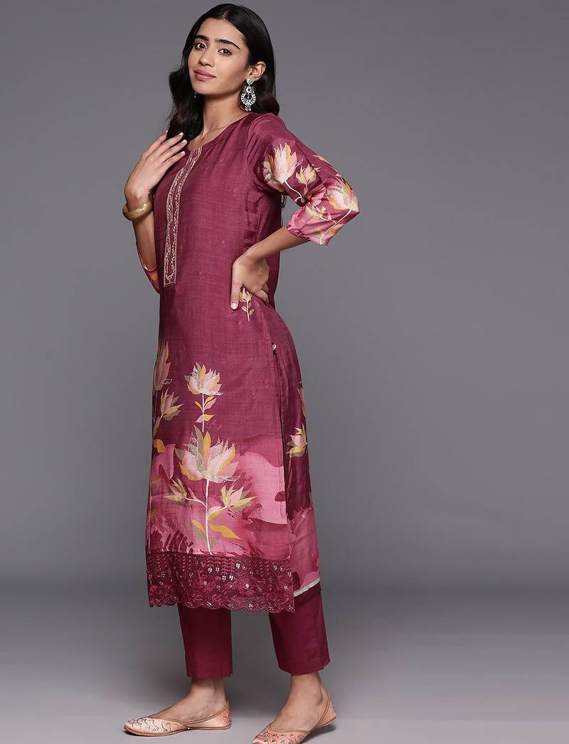 Floral Printed Regular Pure Silk Kurta with Trousers & Dupatta