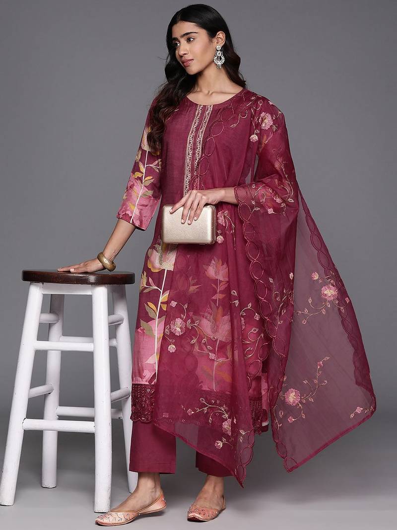 Floral Printed Regular Pure Silk Kurta with Trousers & Dupatta
