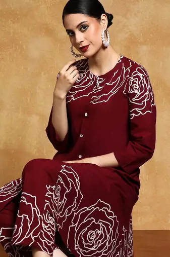 Floral Printed Mandarin Collar A-Line Pure Cotton Kurta With Trousers
