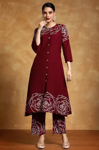 Floral Printed Mandarin Collar A-Line Pure Cotton Kurta With Trousers