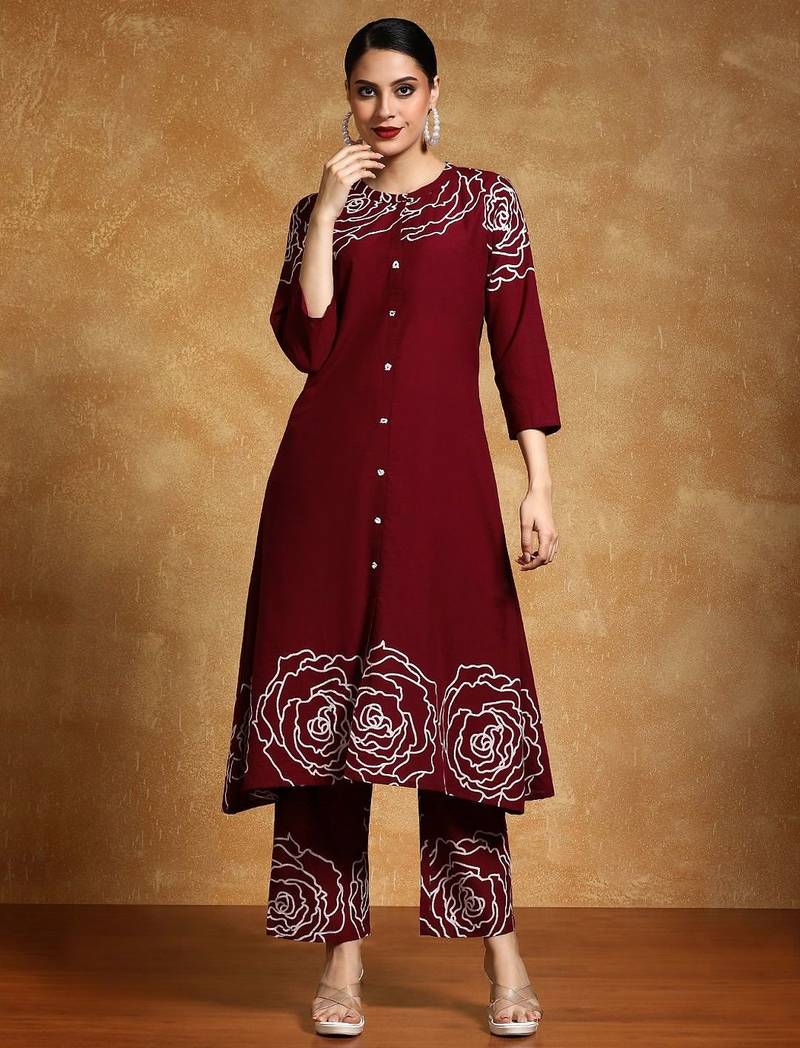 Floral Printed Mandarin Collar A-Line Pure Cotton Kurta With Trousers