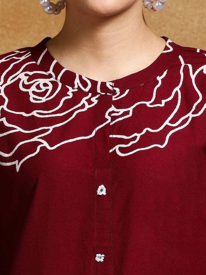 Floral Printed Mandarin Collar A-Line Pure Cotton Kurta With Trousers