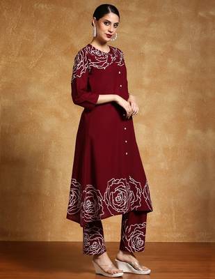 Floral Printed Mandarin Collar A-Line Pure Cotton Kurta With Trousers 5