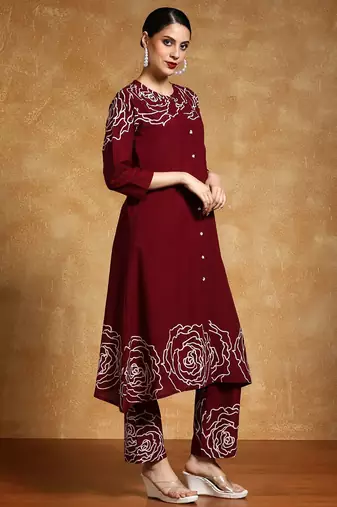Floral Printed Mandarin Collar A-Line Pure Cotton Kurta With Trousers